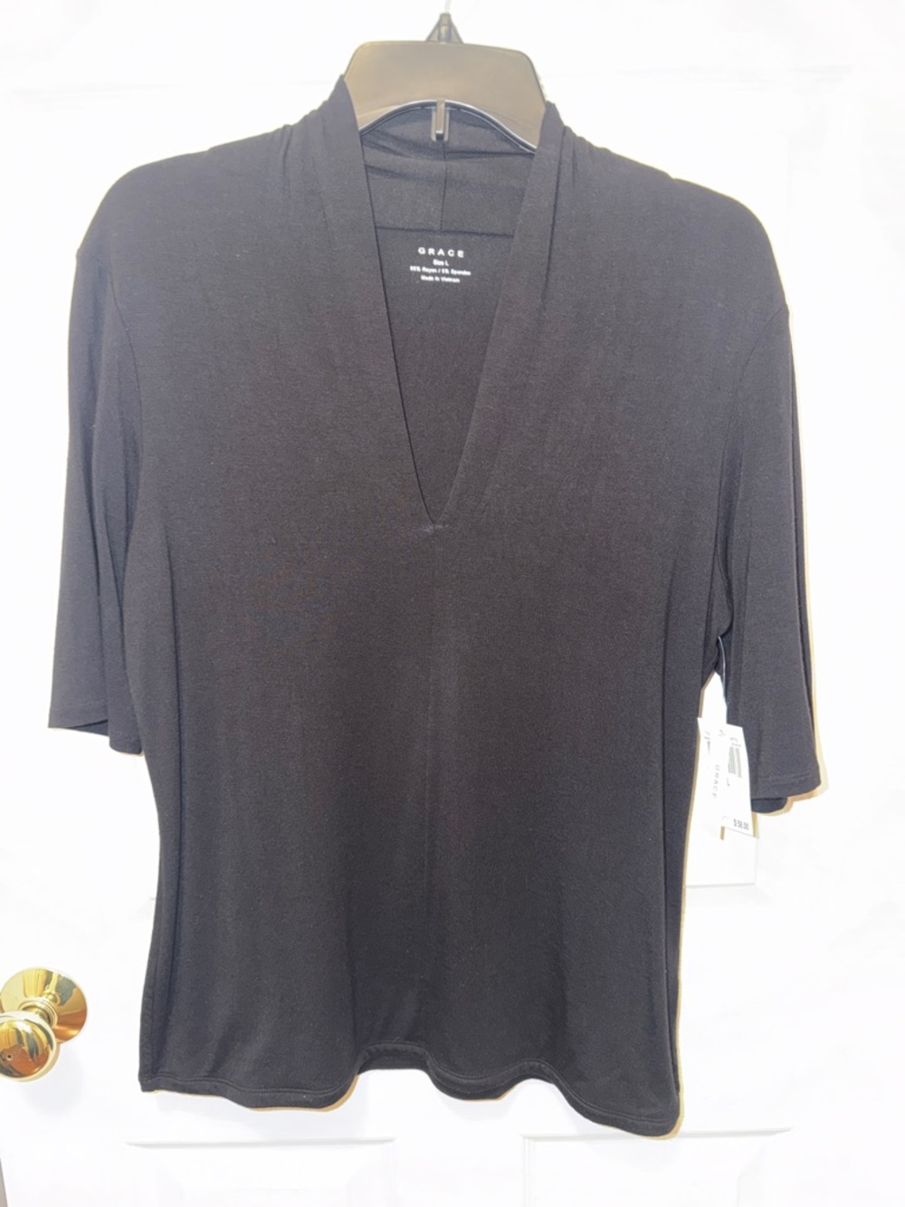 Grace Black V-Neck, Shawl Collar Short Sleeve Top-NWT